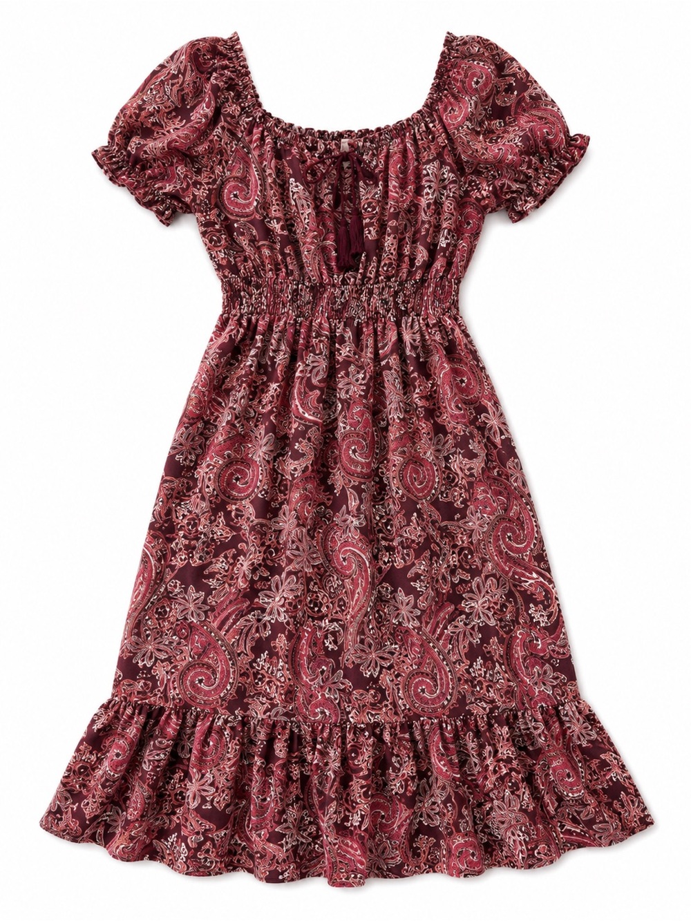 Boho Paisley Off-Shoulder Maxi Dress in Burgundy